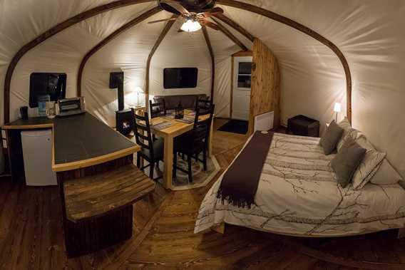 Inside the yurt at Chalets Lanaudière