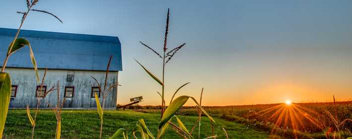 Vue d'une ferme avec un coucher de soleil sur la Plaine