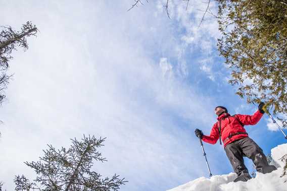 A man snowshoeing on the trail Mont-Brassard