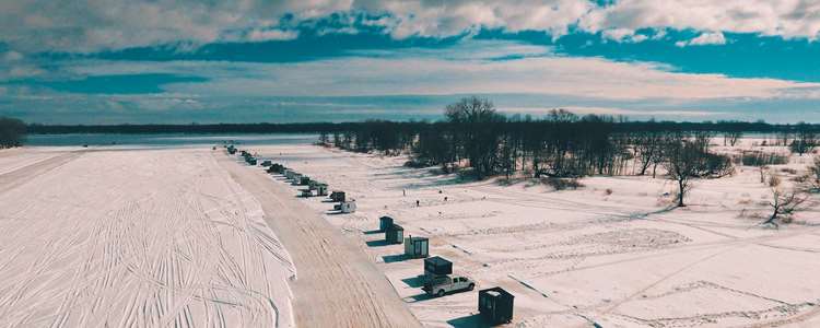 Ice fishing huts on the St. Lawrence River